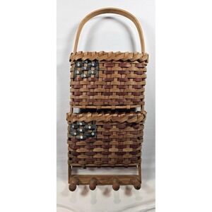 Americana Basket Wall Decor – 2 Woven Hanging Baskets + 4 Peg Hooks (Flag...